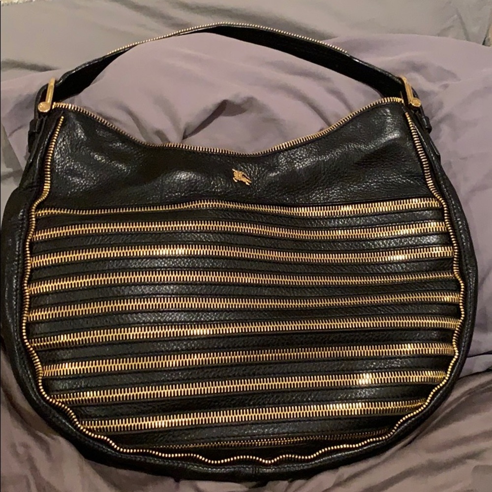 Black leather and gold zipper Burberry hobo bag